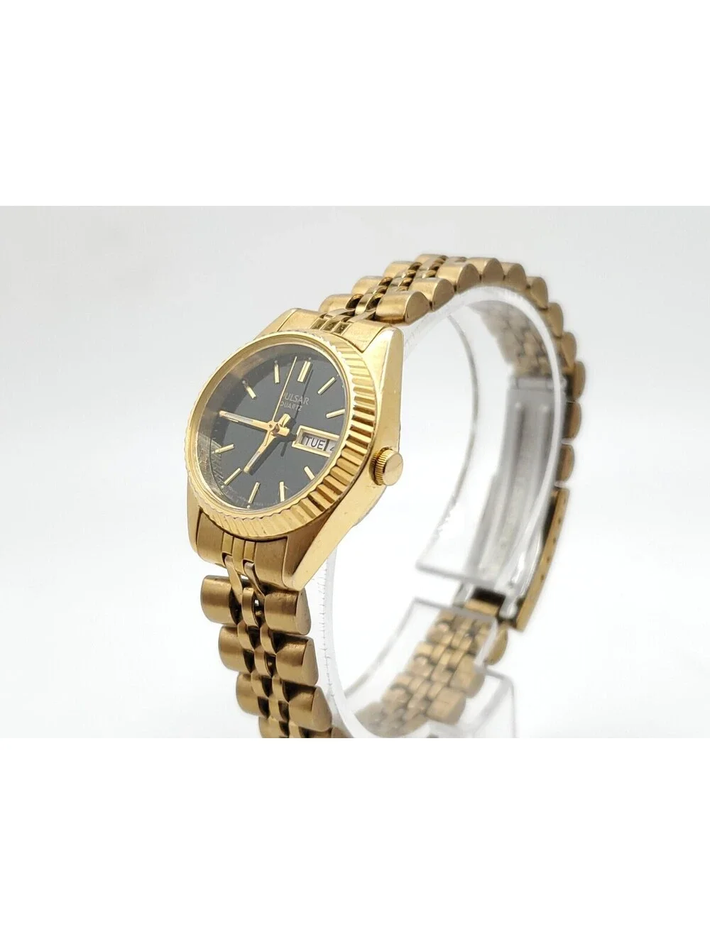Vintage Pulsar Watch Womens New Battery Gold Tone Black Day/Date Dial 22mm